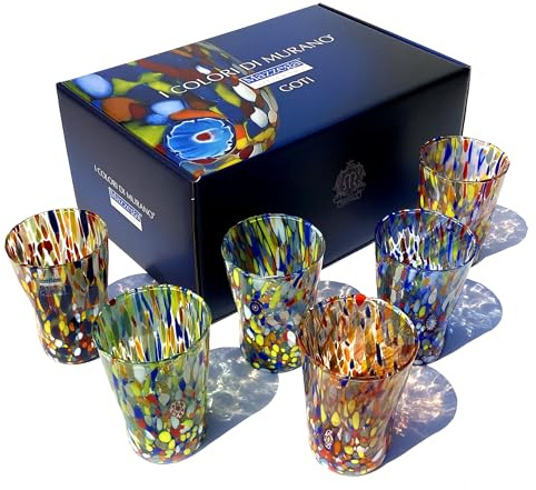 MAZZEGA ART & DESIGN - 6 Verres à Boisson en Verre Soufflé et Travaillé à la Main avec des Murrines de Murano, ligne « Les Couleurs de Murano » 390 ml. Fabriqué en Italie (MIX-BOX)