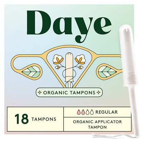 Daye Organic Tampons Regular | 18ct | Pesticide & Metal Tested, 100% Organic Cotton, Best Absorbency | No-Shed Sleeve, Sugarcane Applicator