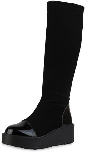 VAN HILL Damen Keilstiefel Keilabsatz Lack Trendy Schuhe 216017 Schwarz Lack 40