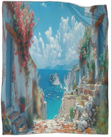 Dorf Scene Kuscheldecke 70x80inch(180x200cm),weich & Warm,extra Flauschig Als Sofadecke Griechisches Gebäude Wohndecke Yogadecke Tagesdecke,Plüsch Sofaüberwurf