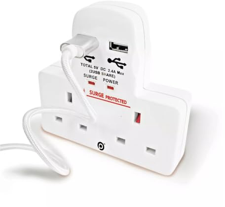 HUBIBUBI 2 Way Gang Adapter with 2 Way Cable Free USB Socket Adaptor White 3Pin Uk Main Wall Socket Charge Port Converter Multi Plug Surge Protection (2 Way Socket & 2 USB Socket, White)