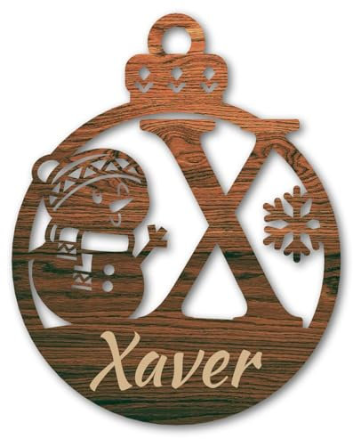 Urhome Weihnachtskugel personalisiert mit Wunschtext Gravur Buchstabe X mit Schneeman Motiv Dunkel Braun - Ornament Christbaumschmuck Weihnachtsdeko Weihnachtsbaum Anhänger aus 6,5mm Holz