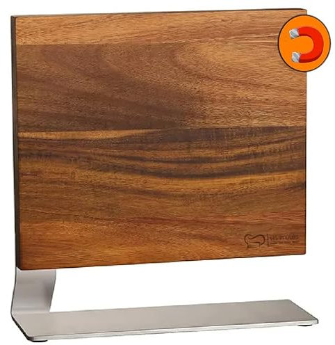 Les Plaisirs du Chef Bloc Magnétique pour Couteaux en Bois d’Acacia avec Base en Acier Inoxydable – Support Design pour jusqu’à 8 Couteaux – Hygiénique, Stable et Élégant – Accessoire de Cuisine