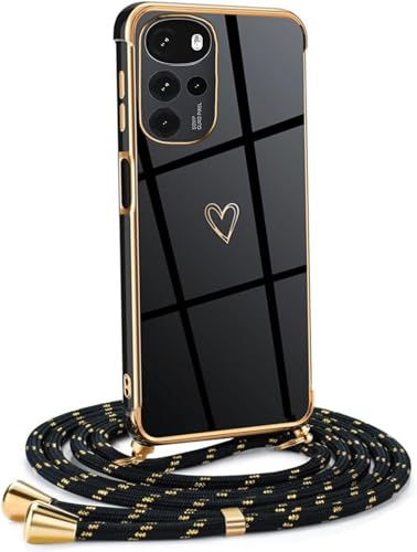 YAMCCCSE Funda para Motorola Moto G22 / E32 / E32s con Cuerda,Silicona diseño de corazón con Chapado en Oro de Lujo,Case con Ajustable Colgante Cordon Colgar Collar Correa de Cuello Cadena Cordón