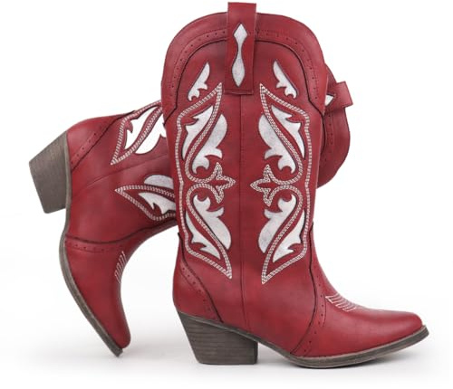 Hawkwell Bottes cowboy femme à broderie - mi-mollet à bout pointu avec talon carré et entrée facile, PU rouge, EU 37