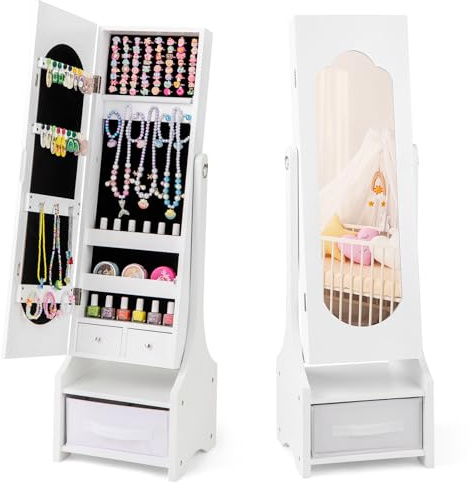 COSTWAY Kinder Schmuckschrank, 3 in 1 Spiegelschrank neigbar mit Ganzkörperspiegel & Aufbewahrungskorb, Schmuck-Organizer in Kronenform für Kinder ab 3 Jahren (Weiß)