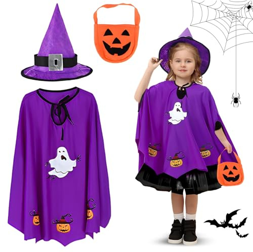 Shyllin Cape de Magicien Enfant avec Chapeau et Sac Citrouille, Wizard Cape, Costume de Sorcière d'Halloween pour Enfants, Adapté pour Halloween, Carnaval, Soirée à Thème (Modèle B-Violet)