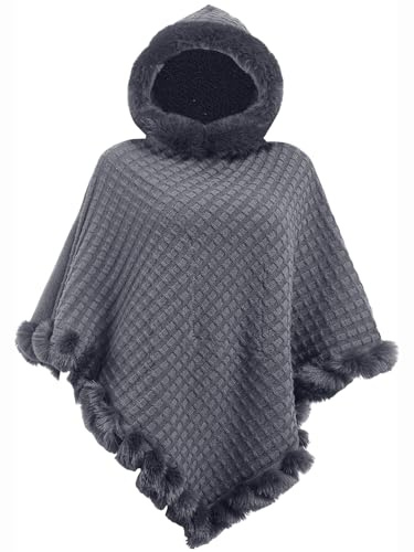 crazy bean Poncho Donna Invernale Caldo Elegante Mantella Scialle in Maglia Girocollo con Cappello Coperta Calda Invernale Grigio