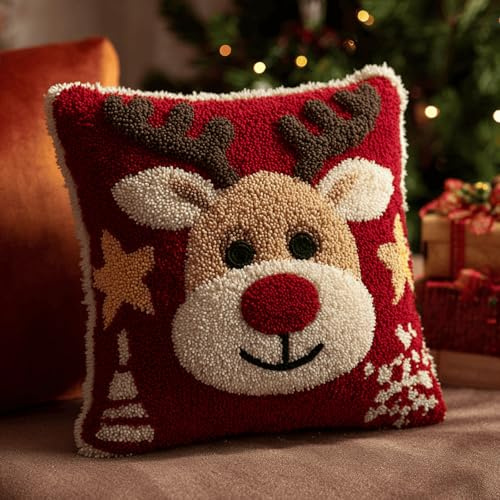 Kit de Coussin à Crochet à Loquet 43x43 cm – Création DIY Tapis Noué à la Main,Point Noué,Tapisserie Canvas pour Décoration Maison,Loisirs Créatifs pour Adultes et Enfants,Dessin animé d'élan de Noël