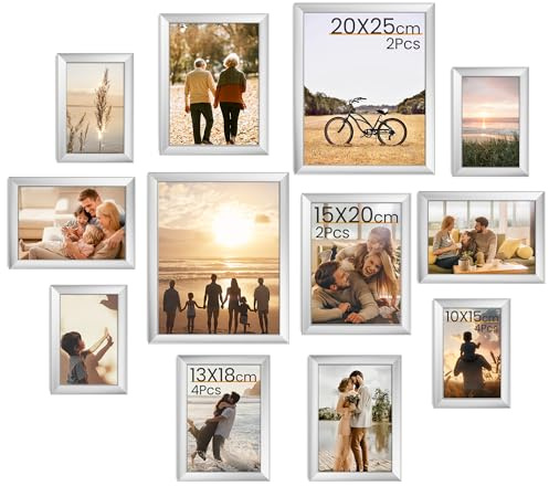 Feihorrm 12er Bilderrahmen Set verschiedene Größen, Bilderwand Collage zum Aufstellen & Aufhängen, Fotorahmen aus Kunststoff mit Acrylglas, Fotocollage for Wall 10x15, 13x18, 15x20 & 20x25 cm, Silber