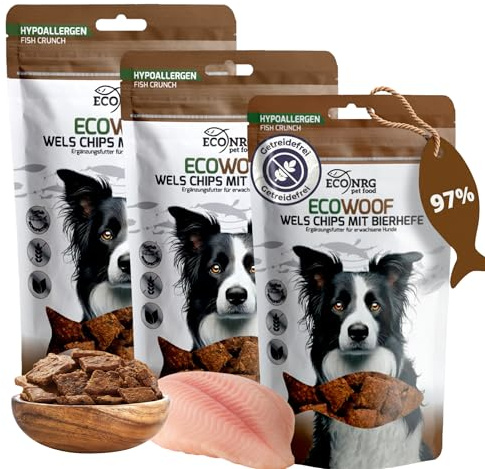 ECO WOOF snack per cani naturali | Strisce da masticare al pesce gatto con lievito di birra | 3×125g | Monoproteico | Senza cereali | Con Omega-3 | Per digestione e flora intestinale