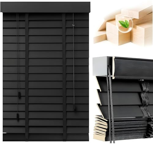 Custom Wood Venetian Blinds, Wooden Grain Window Blinds, W 60cm 75cm 85cm 90cm 105cm 114cm 120cm 150cm Faux Wood Blind for Home or Office, Easy Fit Child Safe Trimmable Shutters(Black)