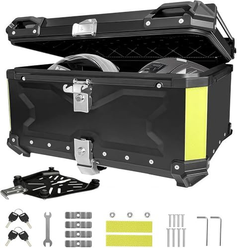 NBYTLT 65L Motorcycle Top Case, Aluminum Luggage Box with Lock & 4 Keys | Universal Black Tail Trunk with Baseplate Waterproof, Tail Box with Security Lock for Most Frames