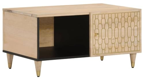 Keeiluna Solid Mango Wood Coffee Table, Hand-Carved Pattern, Bleach Natural Finish, 80x50x40 cm Living Room Furniture, Durable Storage Unit, Corner Accent Table
