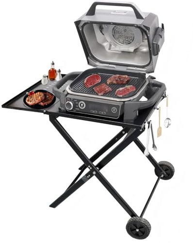 Raweao Foldable Grill Stand for Ninja Woodfire OG701/OG850/OG951 | Outdoor BBQ Stand, Side Table, Hook, Universal Barbecue Cart