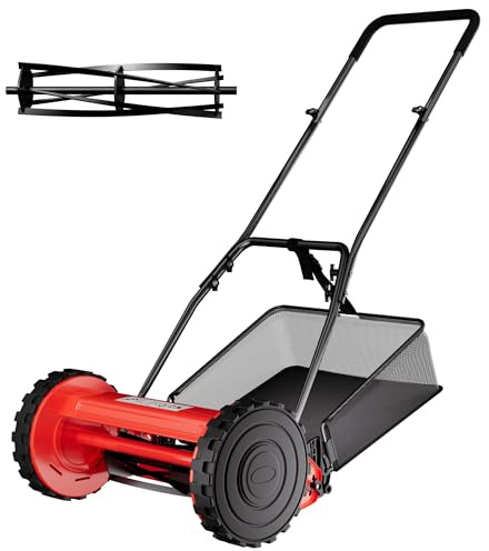 Garvee Cortacésped Manual de Acero al Carbono con Ancho de Corte de 40 cm, Altura Ajustable y Recogedor, Segadora Helicoidal Silenciosa para Jardines Pequeños y Medianos, Rojo, Durabilidad Superior