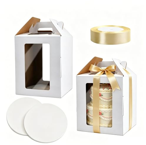 DYHNQE 2PCS Cake Boxes with 2 Boards, 10x10x12 inch Large Tall Rectangle Cake Box with Window Wedding Carrier Handle Bakery Boxes