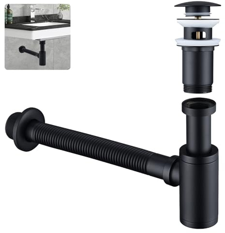 HOMELODY Design Siphon mit Pop Up Ventil Ablaufgarnitur für Waschbecken Schwarz Matt, Universal Messing Siphon, Waschbecken Stöpsel，Geruchsverschluss mit Reinigungsöffnung