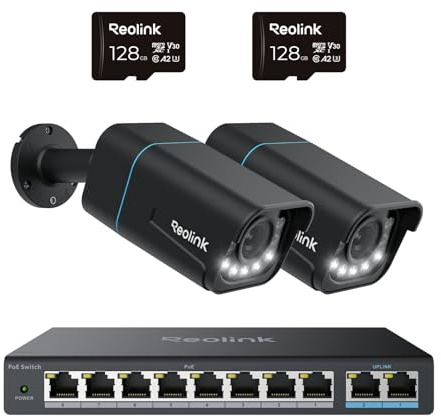 Reolink 4K Smarte PoE IP Kamera Outdoor mit Smarter Erkennung, 5X optischer Zoom Überwachungskamera Aussen, Spotlight, Farbige Nachtsicht, RLC-811A-B*2 mit 128GB microSD Karten und Switch