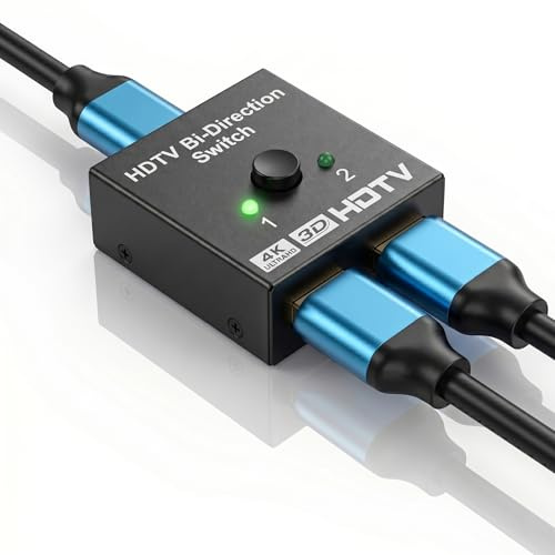 QGECEN Dubbelriktad HDMI-omkopplare med 1 m kabel, 2 portar HDMI-omkopplare 2 i 1 ut/1 i 2 utgång, manuell HDMI-väljare, 4K 30Hz metall HDMI-splitterbrytare, kompatibel med Sky Q, PS4, Xbox, Fire