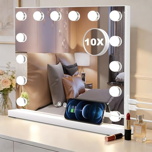 SURFOU Hollywood Espejo de tocador con iluminación, Espejo de Maquillaje con 14 Luces LED con 3 temperaturas de Color, luz Regulable, Espejo cosmético con Puertos de Carga, Control táctil, 50 x 40 cm