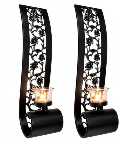 Set of 2 Antique Bronze Candle Sconces, Black Metal Wall Mounted Candle Holders