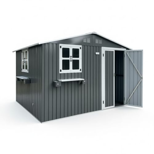 Grande casetta da giardino in metallo, 313 x 255 x 200 cm, capanno per attrezzi con doppia porta e finestre, grigio (grigio, 313 x 255 x 200 cm)