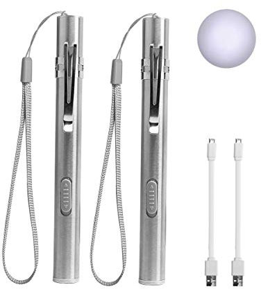 LEAGY Lot de 2 Stylo Lumière, Lumière Médicale Infirmière Stylo USB Rechargeable LED Lampe Poche Acier Inoxydable Torche Avec clip poche et cordon pour Médecins Étudiants Médecins