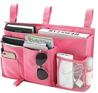 Bseash Bunk Bed Organizer, Bedside Caddy Hanging Bed Organizer Storage Bag 8 Pockets, for College Dorm Rooms Bed, Hospital Bed, Baby Bed Rails, 600D Oxford Cloth (Pink)