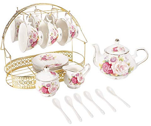 ufengke 15 Stück Europäisches Keramik-Teeservice,Bone China Kaffee Set mit Metallhalter,Bunte Rosen Malerei Kürbis Kaffeekanne Tee-Topf,