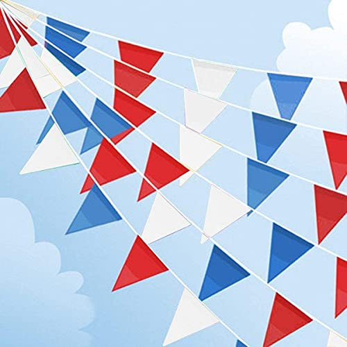 131 Fuß/40 m, Party-Dekoration, rote und weiße und blaue Wimpelkette, dreieckig, aus Stoff, für den Außenbereich, Dekoration für Veranstaltungen