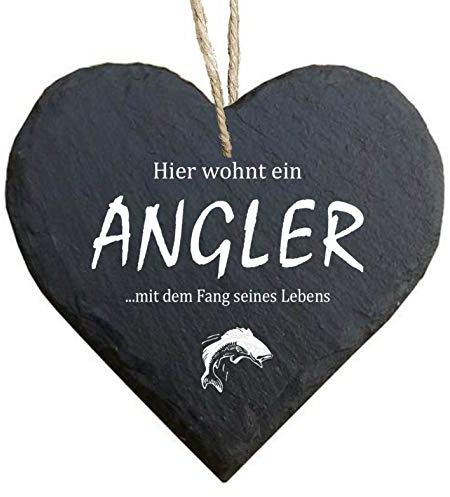 Herz Schieferherz Schiefer Schieferschild 10 x 10 cm Hier wohnt EIN Angler mit dem Fang seines Lebens schwarz Dekoschild Wandschild Schild Stein Geschenk