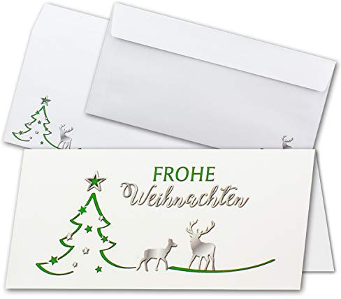 NEUSER PAPIER 10x Weihnachtskarten-Set DIN Lang in Weiß mit grünem Tannenbaum und Rentier - Faltkarten mit passenden Umschlägen DIN Lang - Weihnachtsgrüße für Firmen und Privat