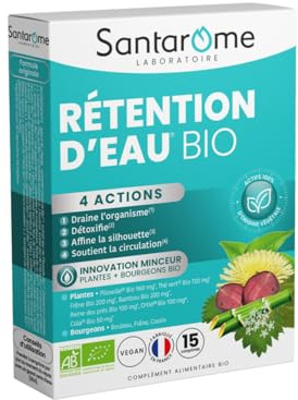 SANTAROME Rétention d'Eau Bio - Drainage - 15 Comprimés - France | 6 plantes et 3 bourgeons 100% Bio : thé vert, piloselle, ortie - Favorise le drainage, jambes légères - 1 comprimé par jour
