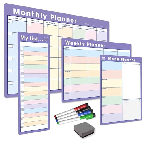 The Magnet Shop Wochenplaner-Bundle #1-4 x magnetische Whiteboard-Planer, A4 Wochenplaner, A4 Menüplaner, S3 Meine Liste, A3 Monatskalender, 4 trocken abwischbare Stifte + Radiergummi