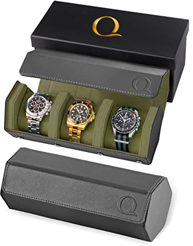 QWATCHBANDS Napa Leather Watch Rolls for Men - Hexagon Triple Watch Roll Travel Case for 3 Watches - Storage Organizer Genuine Leather with Velvet Interior Display (Gray/Green)