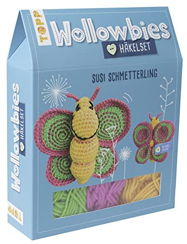 Frech Wollowbies Häkelset Schmetterling: Anleitung und Material für einen fröhlichen Schmetterling zum Selber-Häkeln. Mit Holzknopf und Stofflabels zum Individualisieren. Fertiges Modell ca. 12 cm
