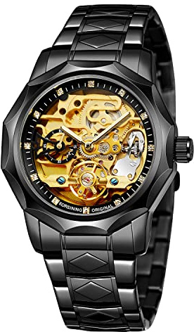 FORSINING Automatisk vattentät Dodecagon skelett rostfritt stål självuppdragande Tourbillon armbandsur för män, Svart och guld, armband