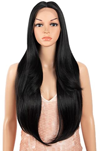 Style Icon Perücke Damen Perücke Schwarz Lace Front Wigs 71 cm glatt Kunsthaar Perücken mit Mittelscheitel synthetische Faser Straight