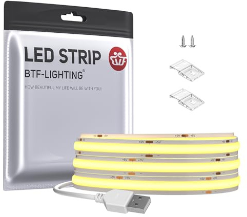 BTF-LIGHTING FCOB COB USB LED Streifen Naturweiß 2m 320LEDs/m LED Strip 5V | RA>90 ohne Dimmer Flexibel hohe Dichte für TV PC Hintergrundbeleuchtung Schlafzimmer DIY Dekoration Inneneinrichtung