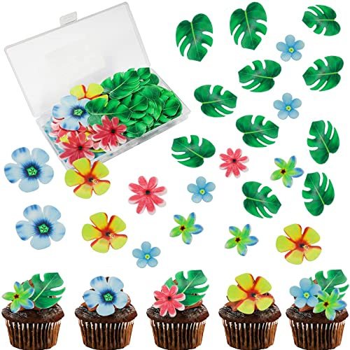 Morofme 83 Stück Essbare Tropische Schildkrötenblätter Blume Cupcake Topper Oblatenpapier Palmblatt Blume Tortenaufsatz Essbare Kuchen Dekoration für Hawaii Aloha Jungle Summer Theme Party