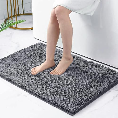 Homaxy Mjuk badrumsmatta med hög lugg – 60 x 90 cm, mörkgrå | Mjuk och bekväm, extra vattenupptagning, halkfri PVC-baksida, tvättbar och lättskött, fluffig, bred användning