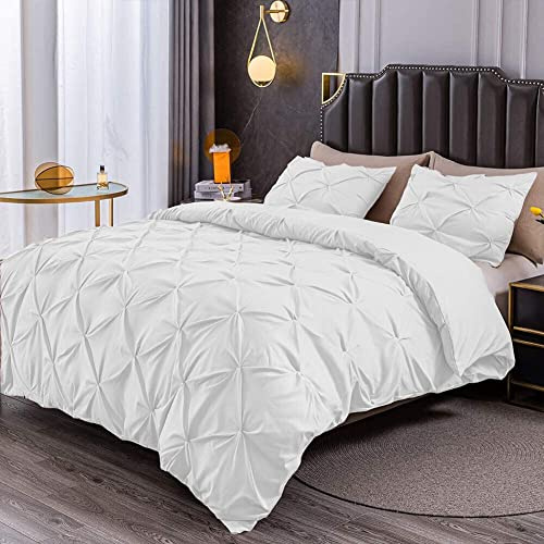 Pintuck 200 Thread Count 100% Egyptian Cotton Duvet Cover Bedding Set with Pillowcases (White, Double)