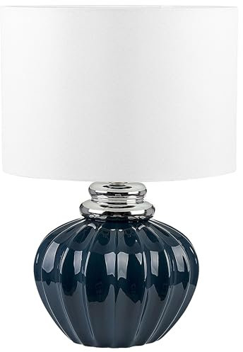 Beliani Tischlampe Keramik dunkelblau mit Schirm Poly-Baumwolle cremeweiß 45 cm Neris