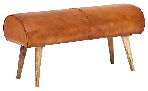 möbelando Sitzbank Echtleder/Massivholz Bank 100x53x40 cm | 2er Polsterbank Flur Springbock Braun | Kleine Bettbank Leder | Dielenmöbel Flurbank