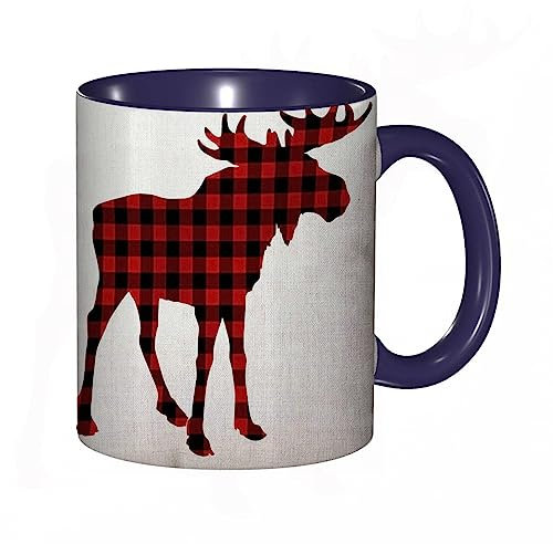 Tasse Keramik Elch-roter und schwarzer Schach-Plaid-schottischer Büffel Kaffeetassen Große 330ml Mit Henkel 100% Handbemalt Trinkgläser Mit Griff Personalisierte Geschenk