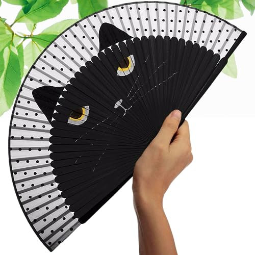 YARRD Faltbarer Ventilator mit schwarzer Katze, Seide und Bambus, tragbar, 21,1 x 37,1 cm, 1 Geschwindigkeit, schwarzes Katzen-Design, ideal für Frauen, Heimdekoration, Cosplay, Geschenk