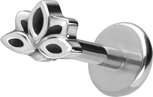 PIERCINGLINE Titan Labret mit Push Fit LOTUSBLÜTE Piercing Ohr Helix Tragus Conch Silberfarben 1x9 mm