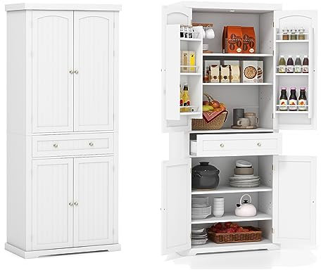 COSTWAY Küchenschrank Holz, Hochschrank mit 4 Türen, Küchenbuffet mit 4 verstellbaren Regalen & Schublade, freistehender Aufbewahrungsschrank für Küche, Esszimmer, Waschküche, Wohnzimmer, Weiß