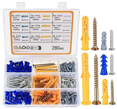 XhjzgcTech Lot de 280 ancrages muraux et vis pour cloisons sèches, ancrages d'expansion nervurés en plastique et vis cruciformes pour la suspension murale d'images en béton